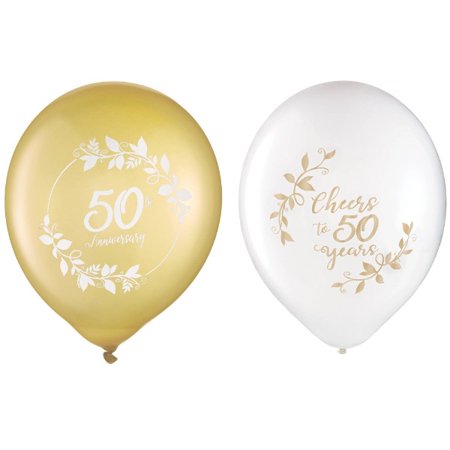 12" Happy Anniversary Latex Balloons - Gold, White, 15 pieces