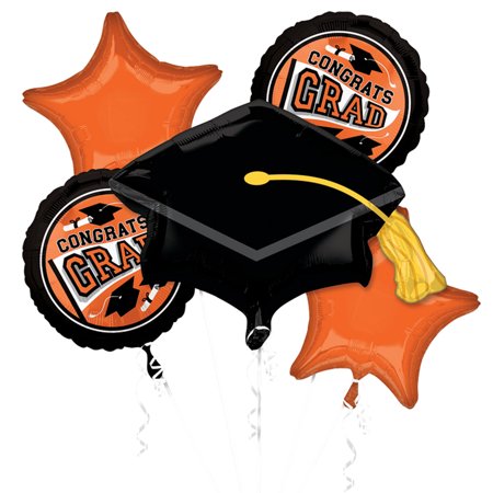 Be True To Your School Colors Graduation Balloon Bouquet - Black & Orange, 5 Pieces