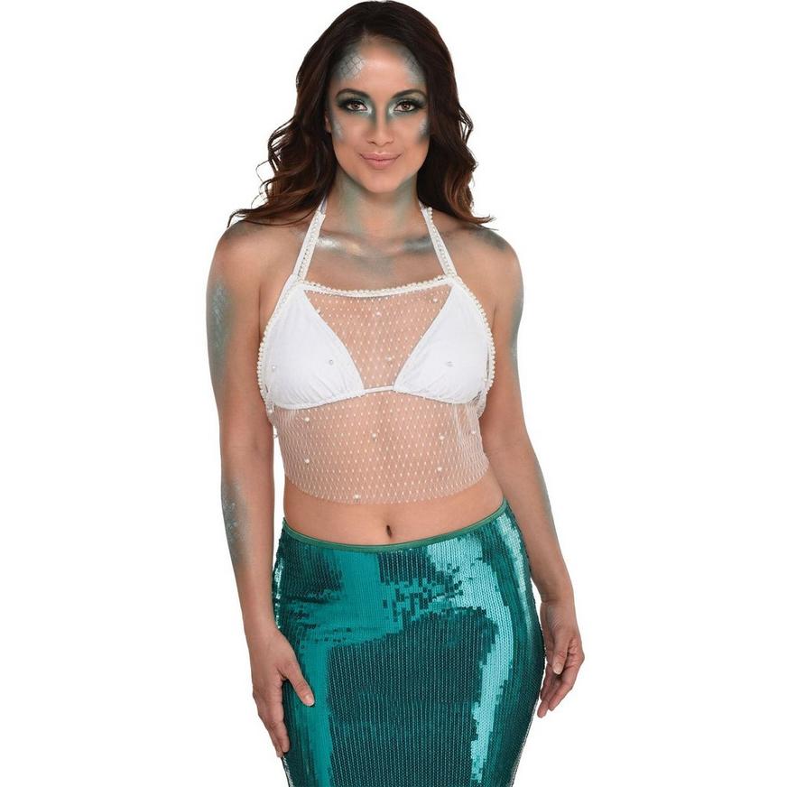 Adult White Beaded Mesh Halter Crop Top - One Size