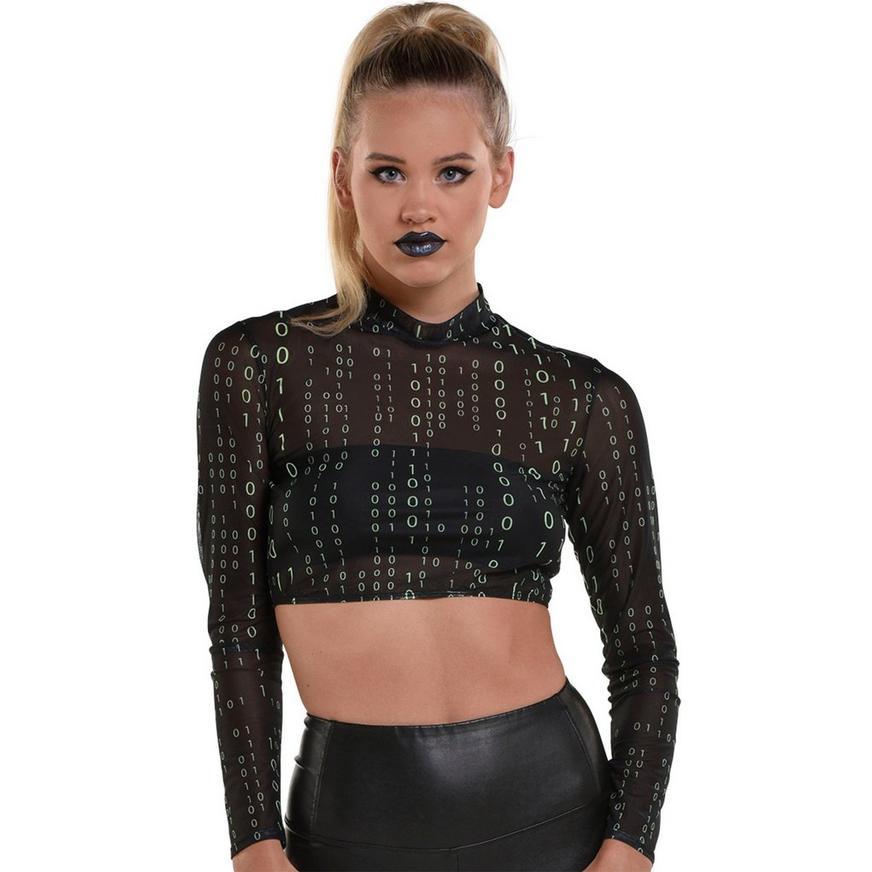 Adult Sheer Black Binary-Print Mesh Crop Top - Cyberpunk