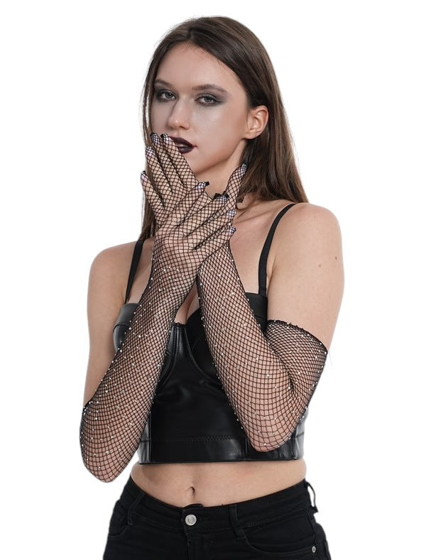 Black Rhinestone Fishnet Gloves