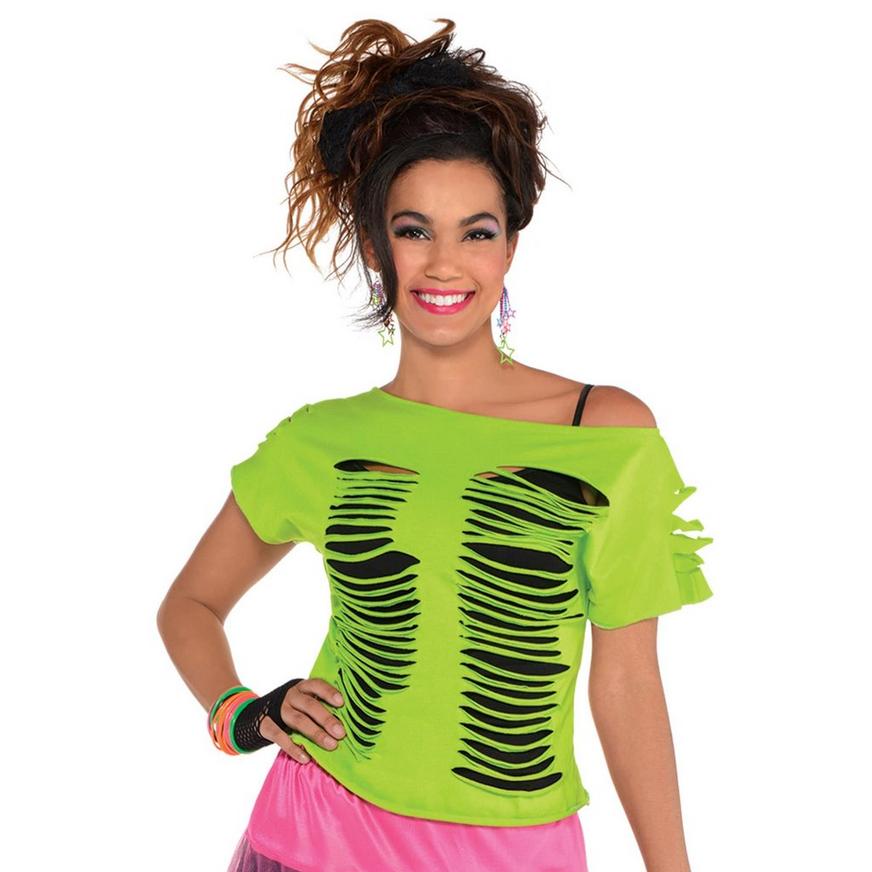Adult Neon Green 80s Ripped T-Shirt - L/XL