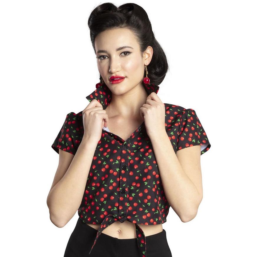 Adult Cropped Cherry Tie-Front Shirt - S/M