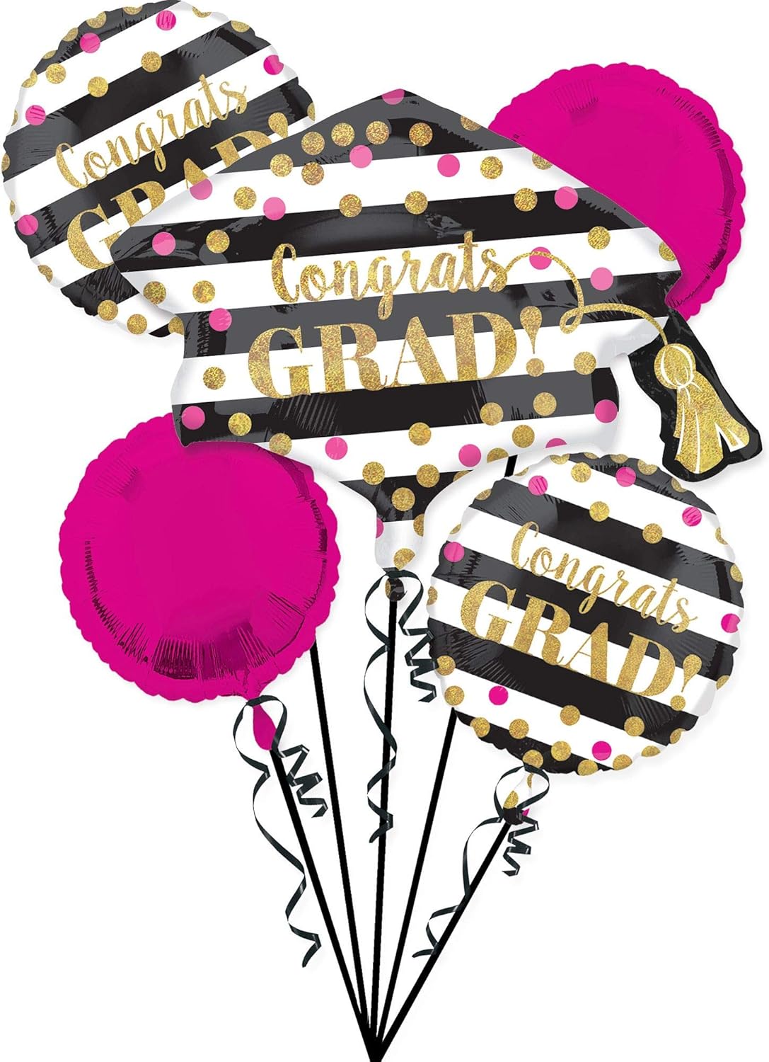 Gold Confetti Happy Graduation Balloon Bouquet – Gold & Magenta, 6 Piece Foil Balloon Set
