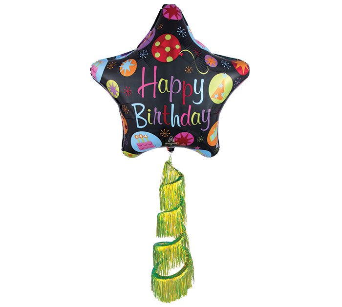 28" Happy Birthday Star Foil Balloon with Green Tassel – Party Decoration