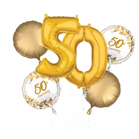 Happy 50th Anniversary Balloon Bouquet - Gold, 5 Pieces